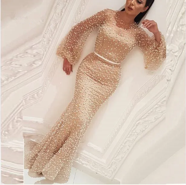

dubal custom made Shiny Elegant mermaid Bodycon Evening Gown High Waist pearls Solid 2021 Autumn long Sleeves Women Party Dress