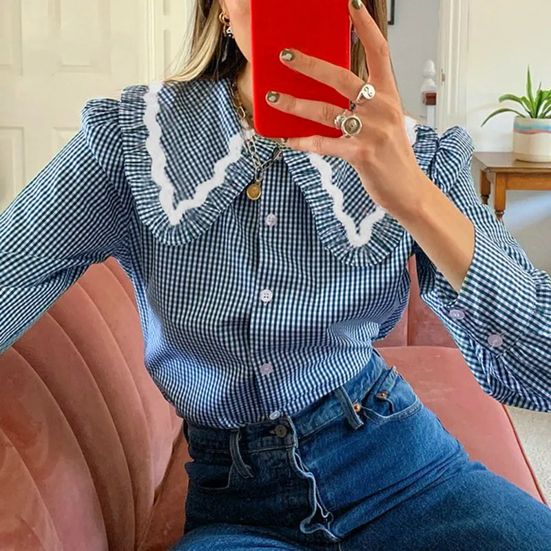 

Retro plaid shirt Ladies Button Collar Shirt Long Sleeve Top Ladies Blue Female Shirt Elegant Casual Cotton