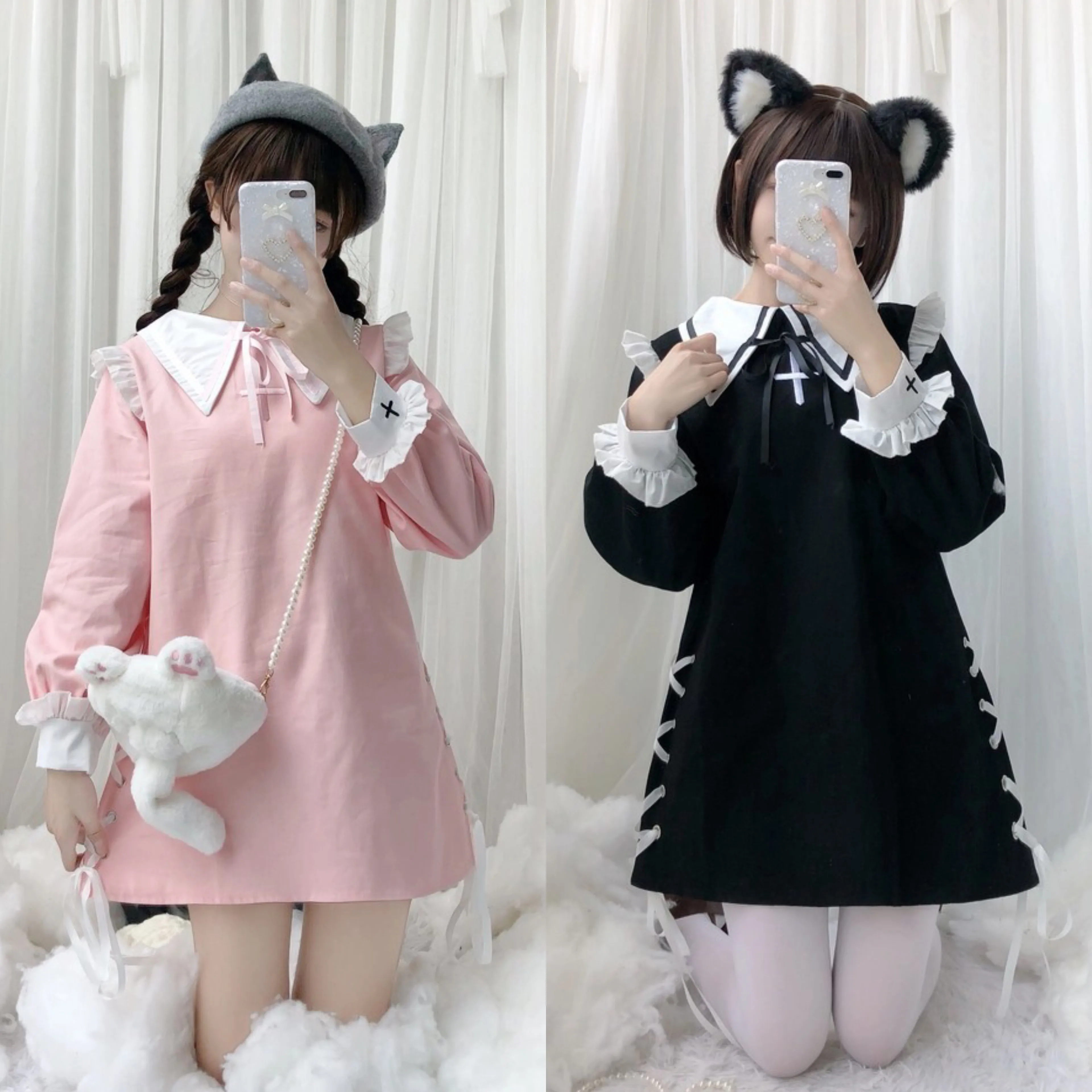 Японское милое платье лолиты вышивка falbala крест ремень бант викторианское каваи