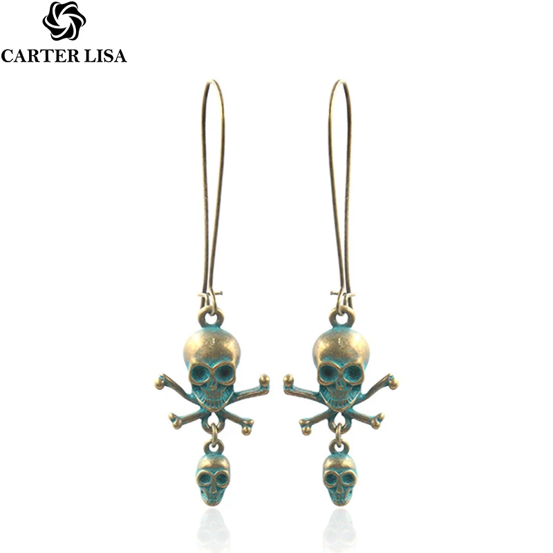 CARTER LISA новинка панк ужасы кости Череп висячие серьги Verdigris ушные крючки личность