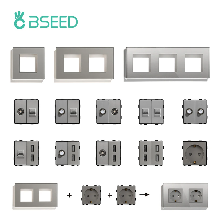 Buy Bseed EU UK Russia Standard USB TV Satellite Computer Socket Panel With Crystal Glass Frame Grey DIY Parts on