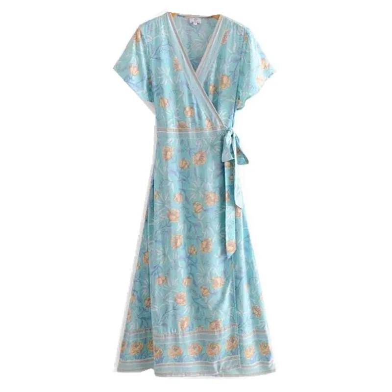 Женское летнее платье с запахом длинное V-образным вырезом цветочным принтом
