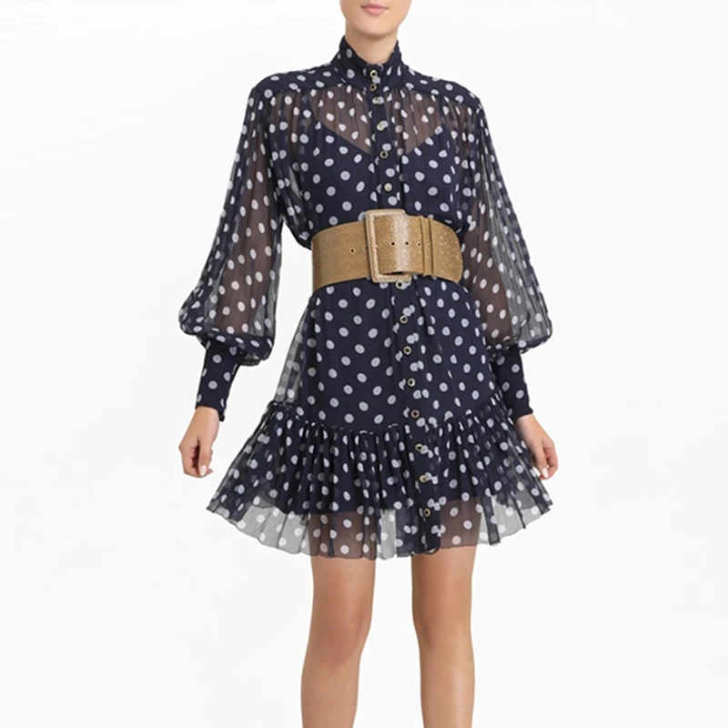 CHICEVER/платье в горошек с бантом женское платье со стоячим воротником и