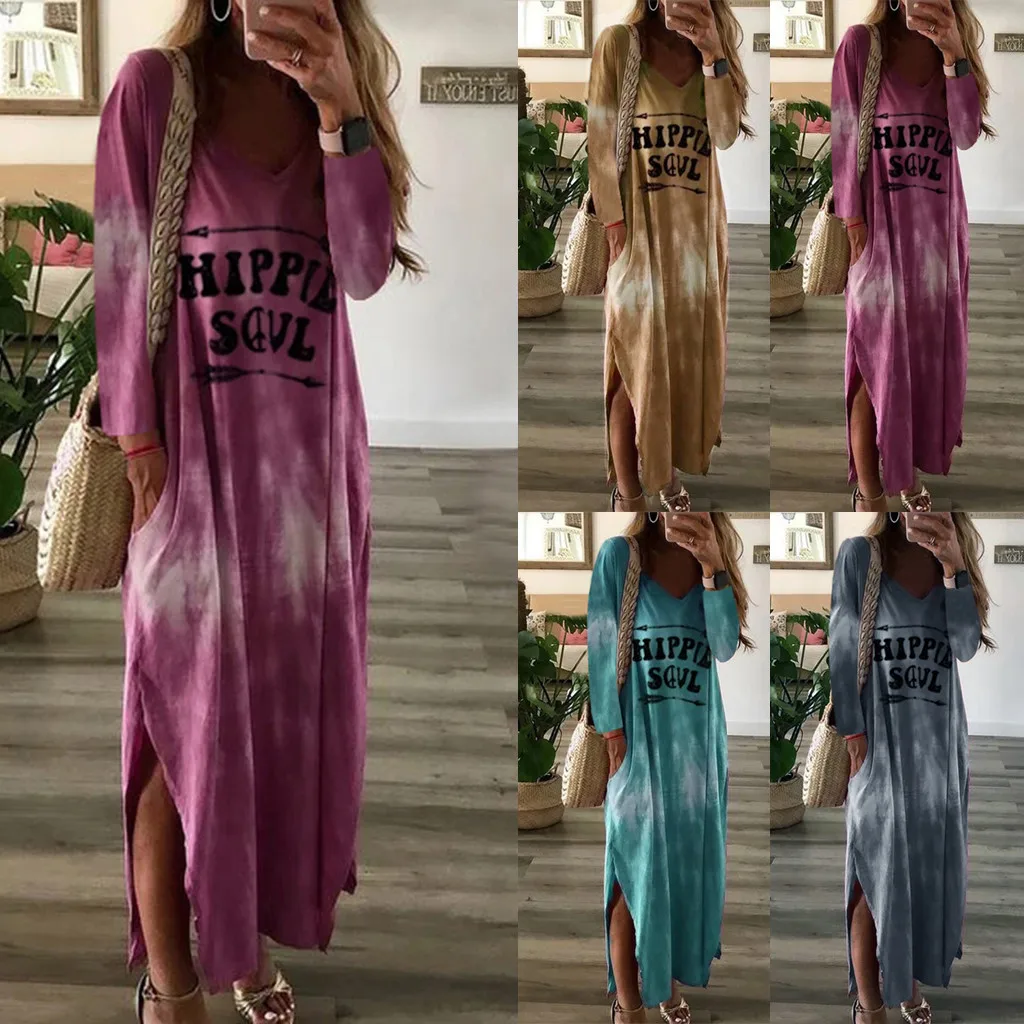 Tie Dye длинное платье для женщин хиппи душа печати о-образным вырезом свободного покроя с длинным рукавом рубашка макси платья размера плюс сплит винтажное платье