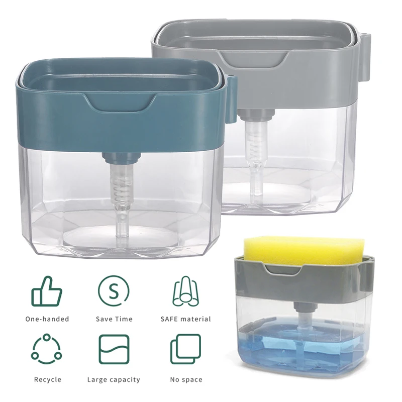 Раковина для мыла на кухне с коробкой для губки для автоматической щетки из пластикового стеллажа для жидкого моющего средства для посуды.