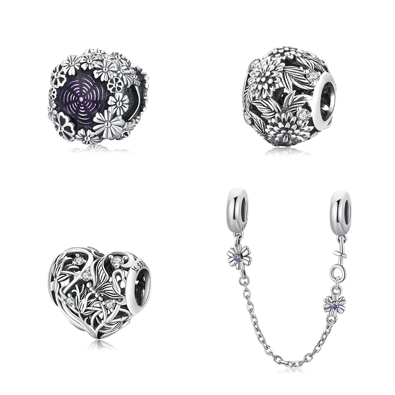 

Bisaer 925 Sterling Silver Charm Grass Flower Heart Shape Metal Bead For Women Fit Original Bracelet DIY Fashion Jewelry GXC2096