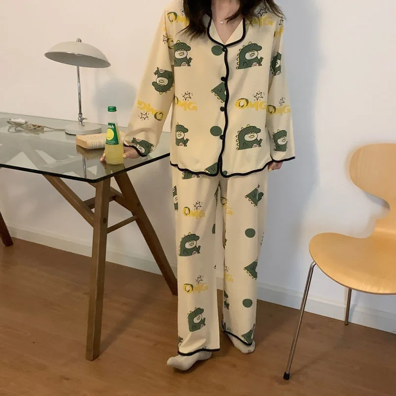 QWEEK Women's Home Clothes Pajama Sets Striped Cartoon Print Loose Pyjamas Home Wear Summer Pijama Lounge Wear Sleepwear Silk