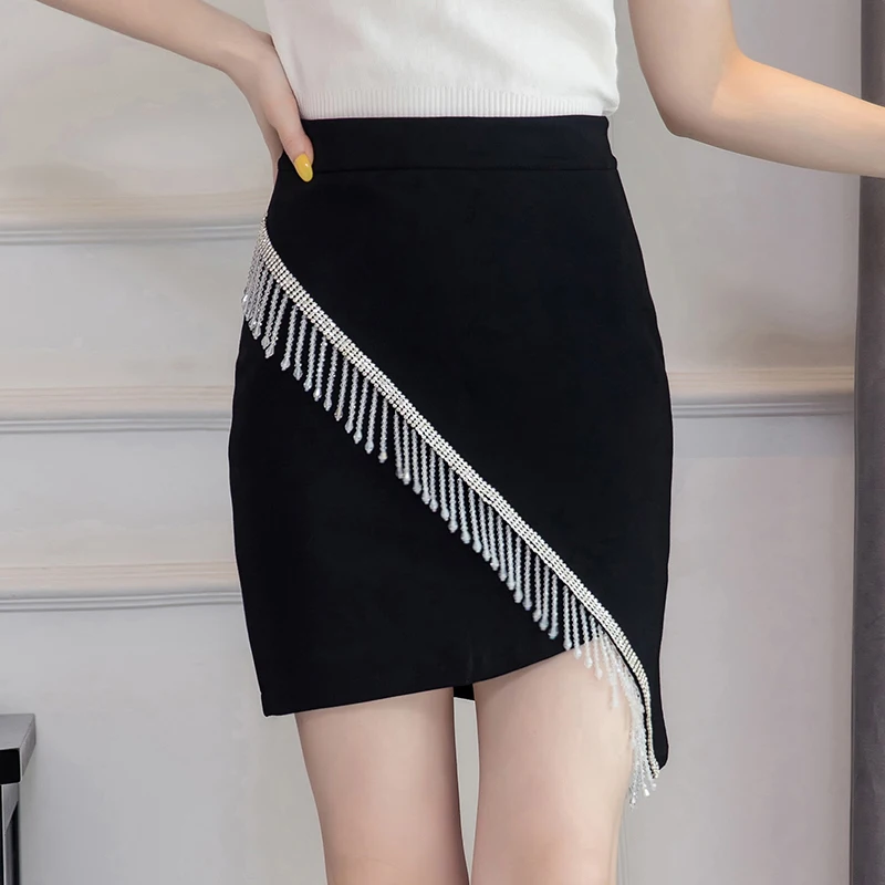 

Limiguyue летние женские короткие юбки, модные сексуальные Лоскутные юбки со стразами и кисточками, элегантные облегающие нестандартные мини-ю...