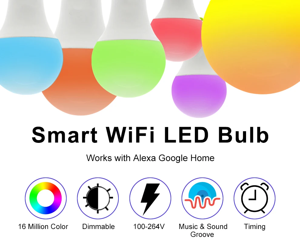 Умный wifi светодиодный светильник работает с Amazon Alexa и Google Home RGB+ теплый светильник+ белый светильник E27 7 Вт AC85-265V светодиодный светильник
