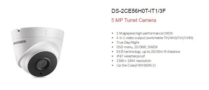 HIKVISION международная версия DS-2CE56H0T-IT3F Turbo HD 5MP ИК купольная камера переключаемая TVI/AHD/CVI/CVB IP67 водонепроницаемая