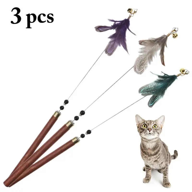

3 шт. Интерактивная палочка для кошек, Искусственное перо, деревянные бусины, декор для кошек, дразнящая игра, забавная палочка для котят, тре...
