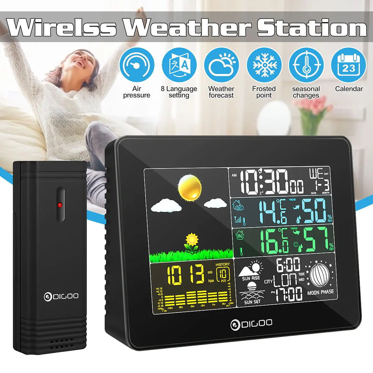 

DIGOO DG-TH8868 Indoor Outdoor LCD Weather Station Thermometer Humidity Snooze Alarm Clock Sunrise Sunset Calendar Forecast
