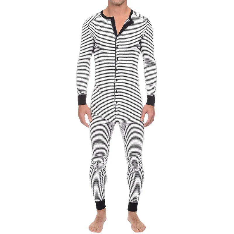 Fashion Striped Jumpsuits Long Sleeves Autumn Winter New Homewear Casual  Men Pajama Set Tight Jumpsuits Sleep Wear Men Pajamas