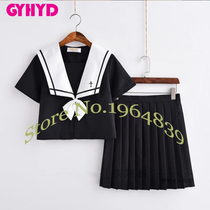 Short Sleeve Set В стиле японской школьницы, униформа для девочек, с вышивкой, японский топ+ юбка+ галстук, школьная одежда, униформа, костюм Юнга, черно-белого цвета - Цвет: Short Sleeve Set