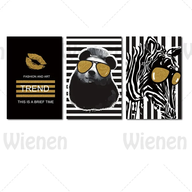 

Black Gold Poster Cool Sunglasses Cartoon Animal Canvas Fashion Art Posters and Prints Modern Trend Canvas Mural Wall Art Pictur