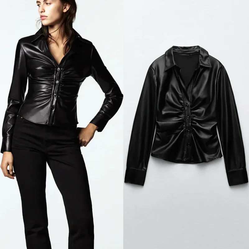 

Женская рубашка с длинным рукавом ZA, черная приталенная блузка из искусственной кожи, с рюшами, осень 2021