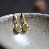 

S925 Silver Gilding Matte Inlaid Hetian Jade Ball Bead Earrings Antique Chinese Style Silver Ear Studs Earrings with Box