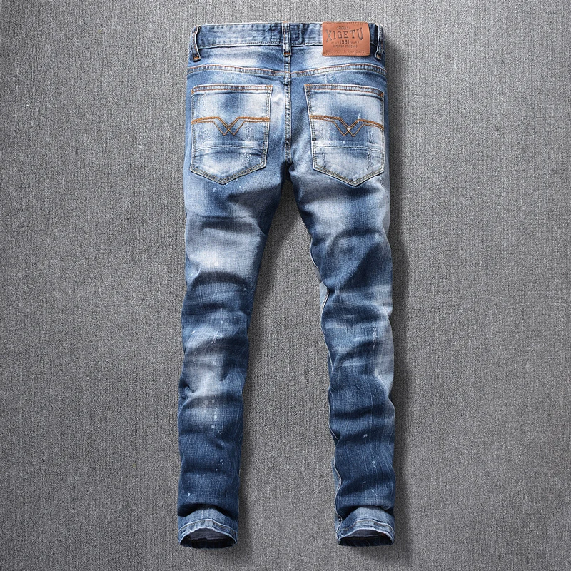 American Street Fashion Men Jeans High Quality Retro Blue Elastic Slim Fit Ripped Jeans Men Printed Designer Hip Hop Denim Pants