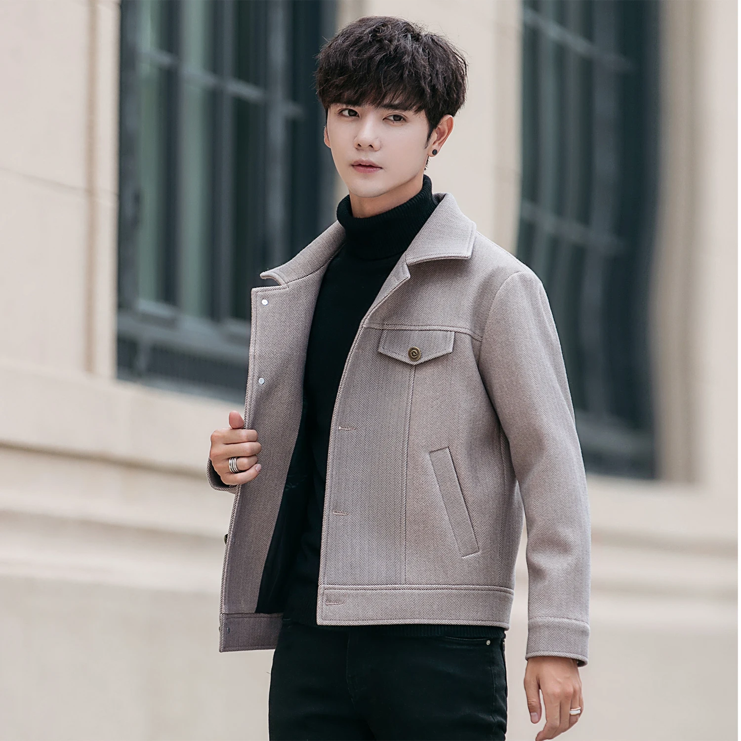 Шерстяное пальто Мужская короткая куртка корейской версии британская ветровка