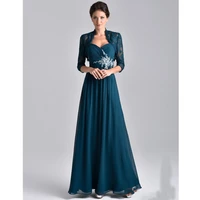 vintage mother of bride dresses teal blue chiffon with sleeves lace jacket spaghetti beads ruched long formal evening gowns 2022