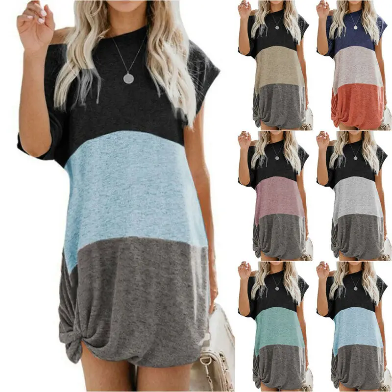 

VICABO New Women Color Patchwork Women Dress Short Sleeve Knotted Casual T-shirt Dress Summer Dresses 2021 Woman Dress