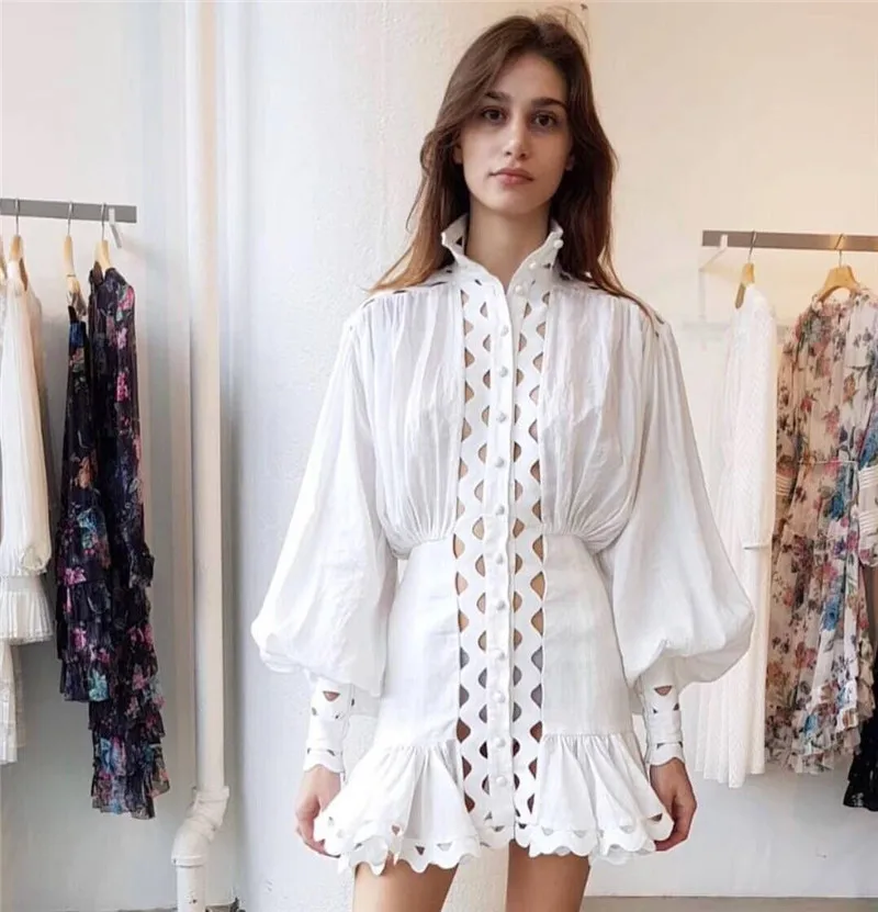 Женское ажурное платье рубашка мини с воротником стойкой рукавами фонариками и