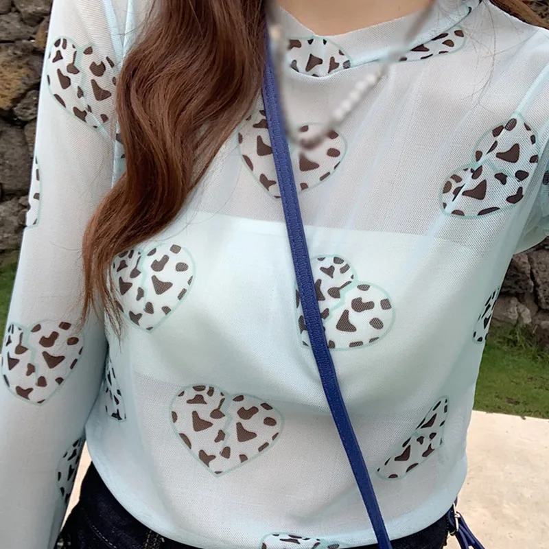 

Summer Women T- Shirt Round Neck Mesh Top Sunscreen Protection Clothing Long-sleeved Thin Printed Bottoming Slim Blouse