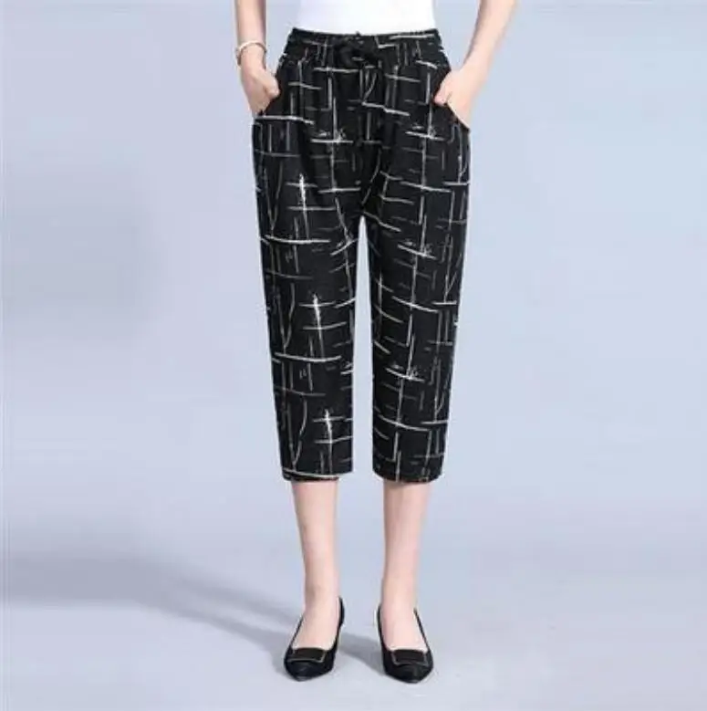 

Middle Aged Women Capris Pants 2021 Summer Thin Comfortable And Cool Mom Elastic Waist Calf-Length Pants s873
