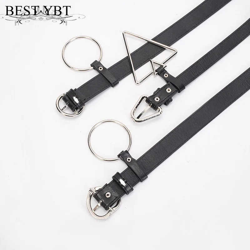 

Best YBT Women Belt Imitation Leather Pin Buckle Belt New Fashionable Ring Trigonometric Suspension Black Simple Women Belt