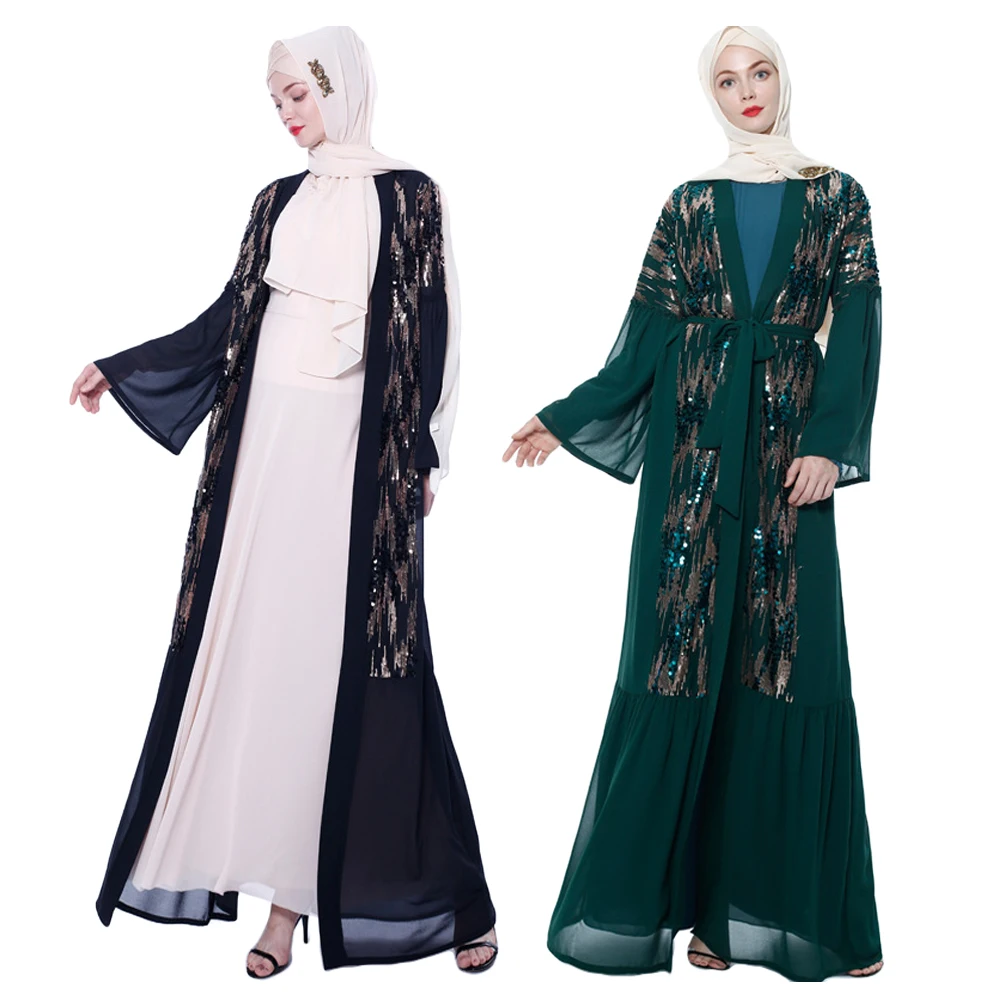 Платье-Кафтан женское, с длинным рукавом, с блестками, в арабском стиле, исламский джильбаб