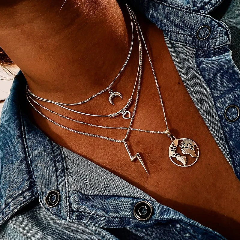 Ожерелья женские в богемном стиле 4 шт./компл. цепочка серебряного цвета с Луной
