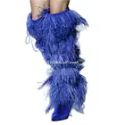 Длинные меховые сапоги выше колена на высоком каблуке, очаровательные модные женские сапоги с острым носком, черные, синие, белые, с кисточками
