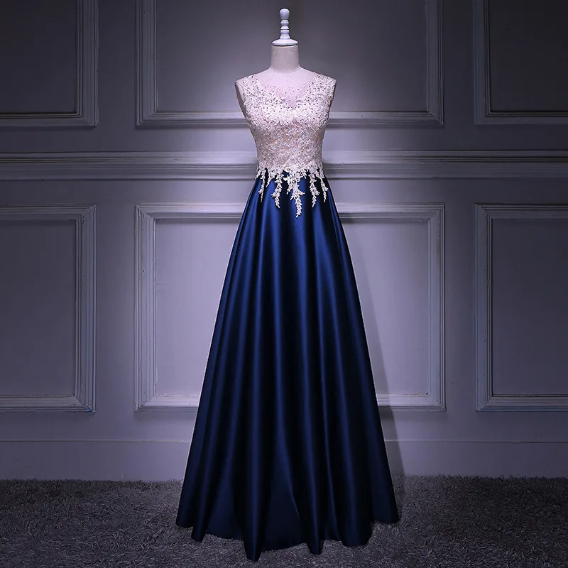 

Sheer Neck Beaded Dark Blue Evening Dresses A Line Long Party Gowns Lace Appliques Robe De Soiree