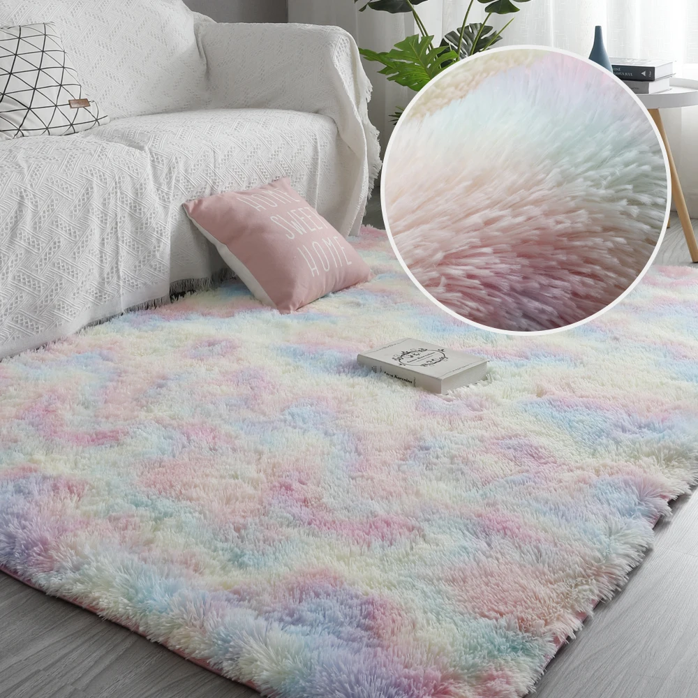 

New Rainbow Colors Carpets Tie Dyeing Plush Soft Carpets For Bedroom Living Room Anti-slip Floor Mats Kids Room Carpet Rugs