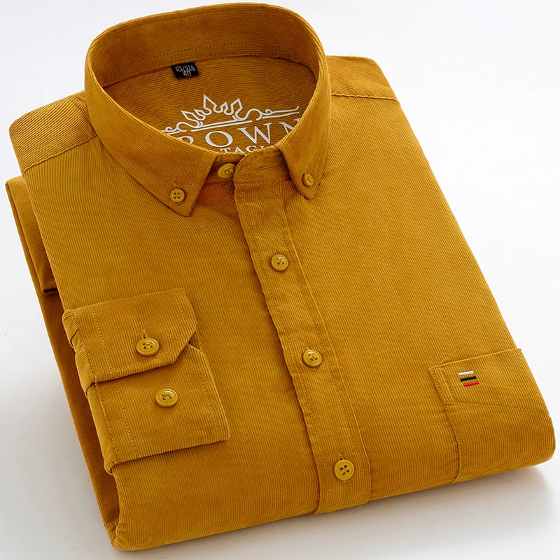 Men's Long Sleeve Vintage 100% Cotton Corduroy Shirt Single Patch Pocket Standard-fit Button-down Collar Quality Casual Shirts