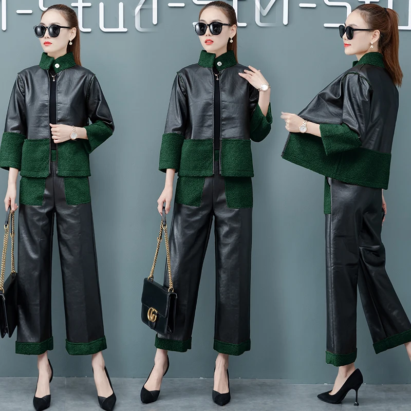 

new women's autumn/winter two chaps splicing short coat wide-legged pants leisure Korean fashion suits women loose top trousers