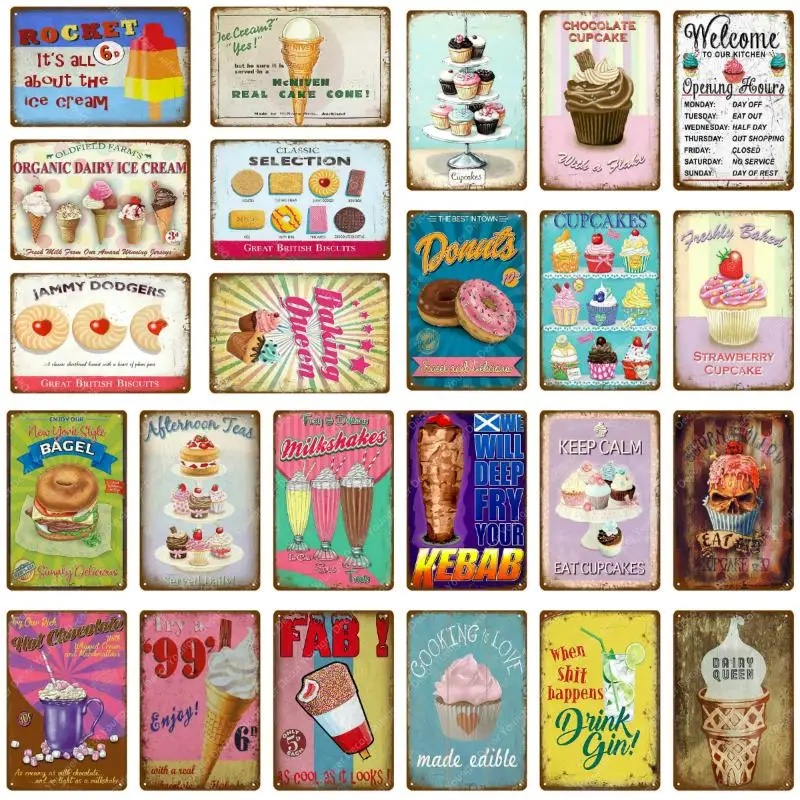

Chocolate Cupcake Metal Signs Rocket Ice Cream Donuts Poster Food Drinks Gin Plate For Kitchen Home Cafe Bar Decoration YJ026