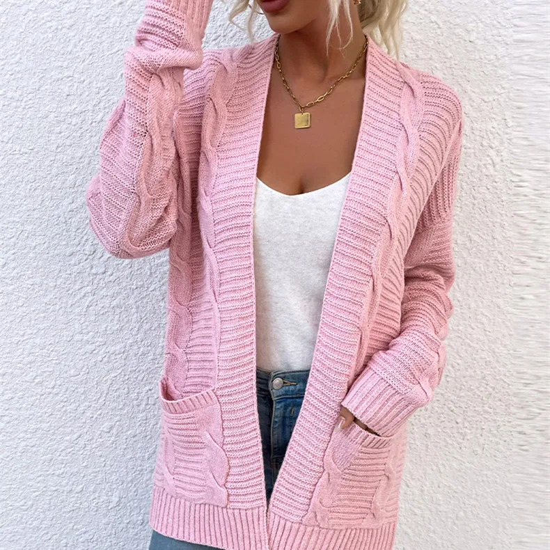 

Женский трикотажный кардиган с длинным рукавом, открытым спереди и двумя карманами