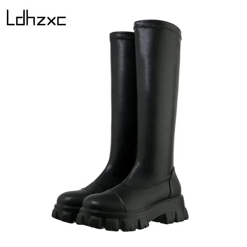 

LDHZXC Platform Leather Boots Women Knee High Boots Pu Leather Long Boots Female Black Punk Style High Quality Size 44 45 46