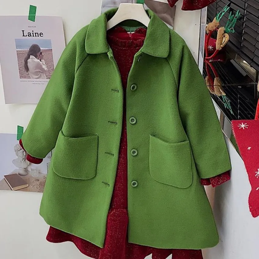 Осенне-зимнее плотное теплое зеленое длинное шерстяное пальто для маленьких