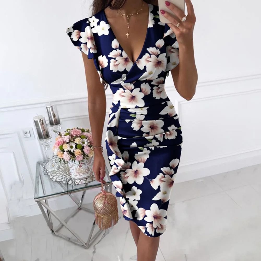 Женское облегающее платье с оборками Элегантное летнее глубоким V образным