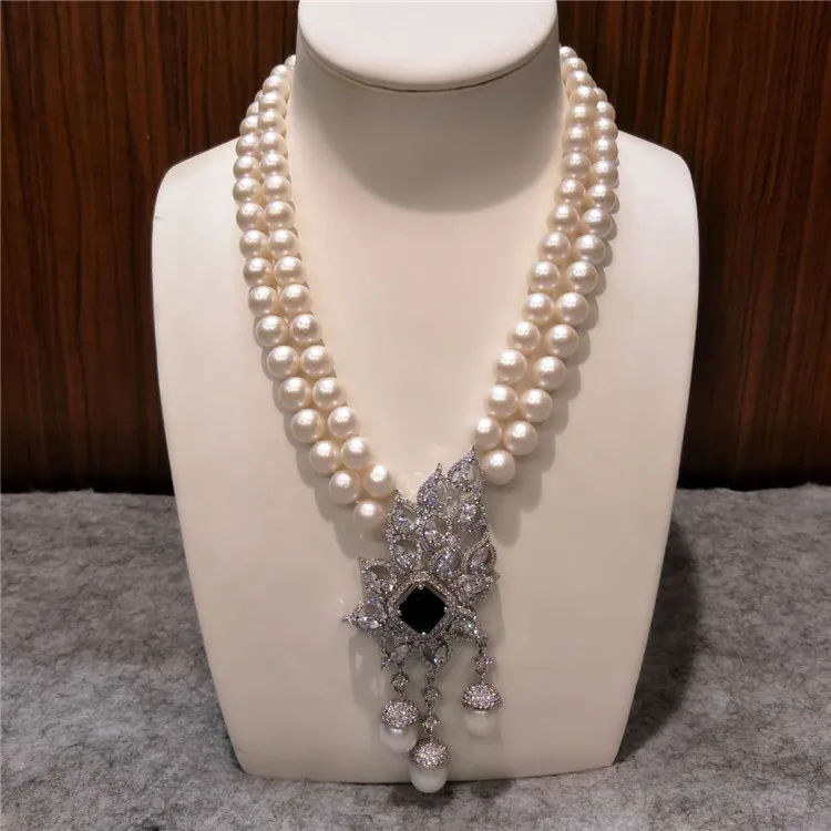 

Hot sell fancy 8-9mm nearly circular white natural freshwater pearl multilayer sweater chain necklace fashion jewelry