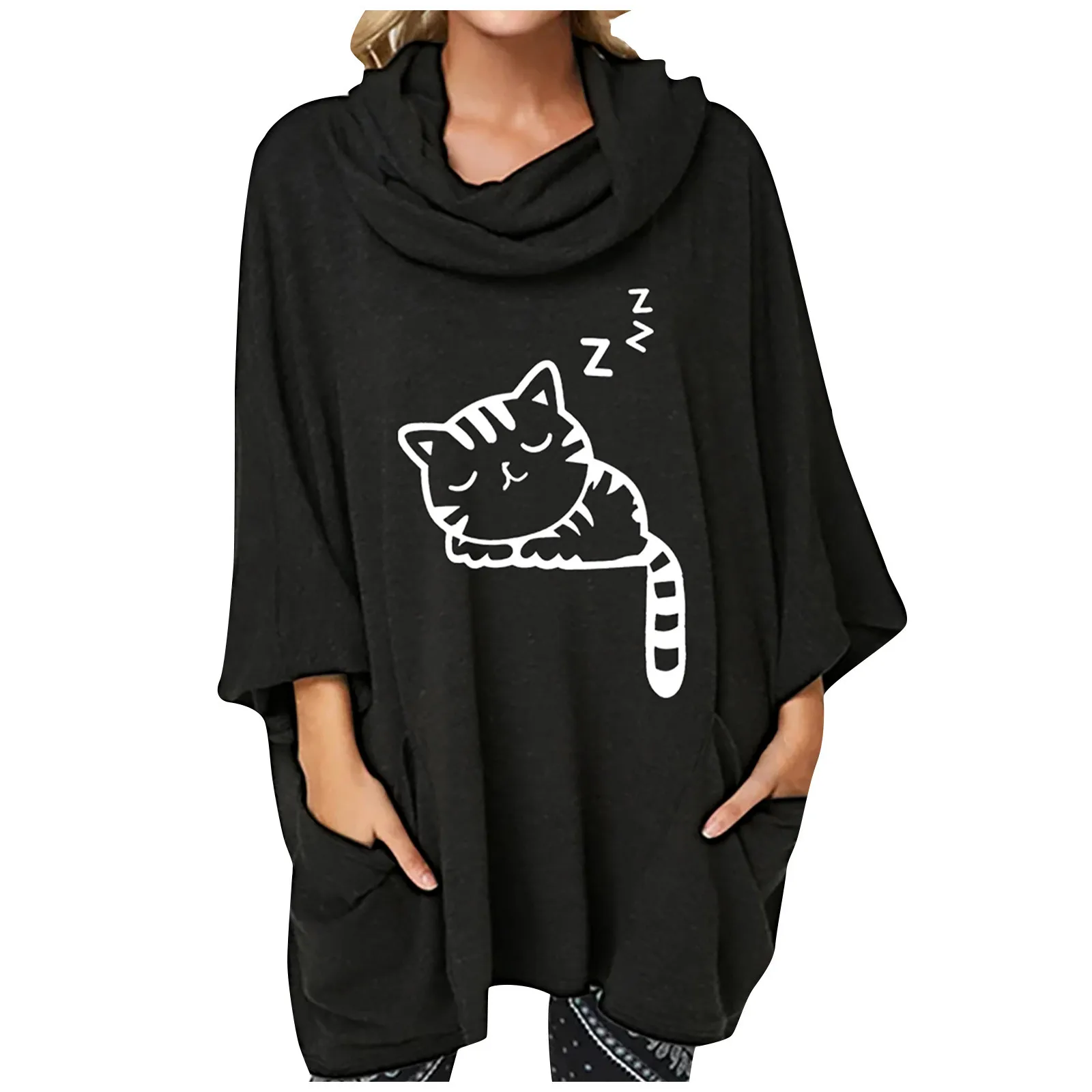Harajuku Hoodie Women Kawaii Anime Cute Cat Cartoon Hooded Sweatshirt Middle Sleeve Pocket Sweatshirts Tops oversized Pullover