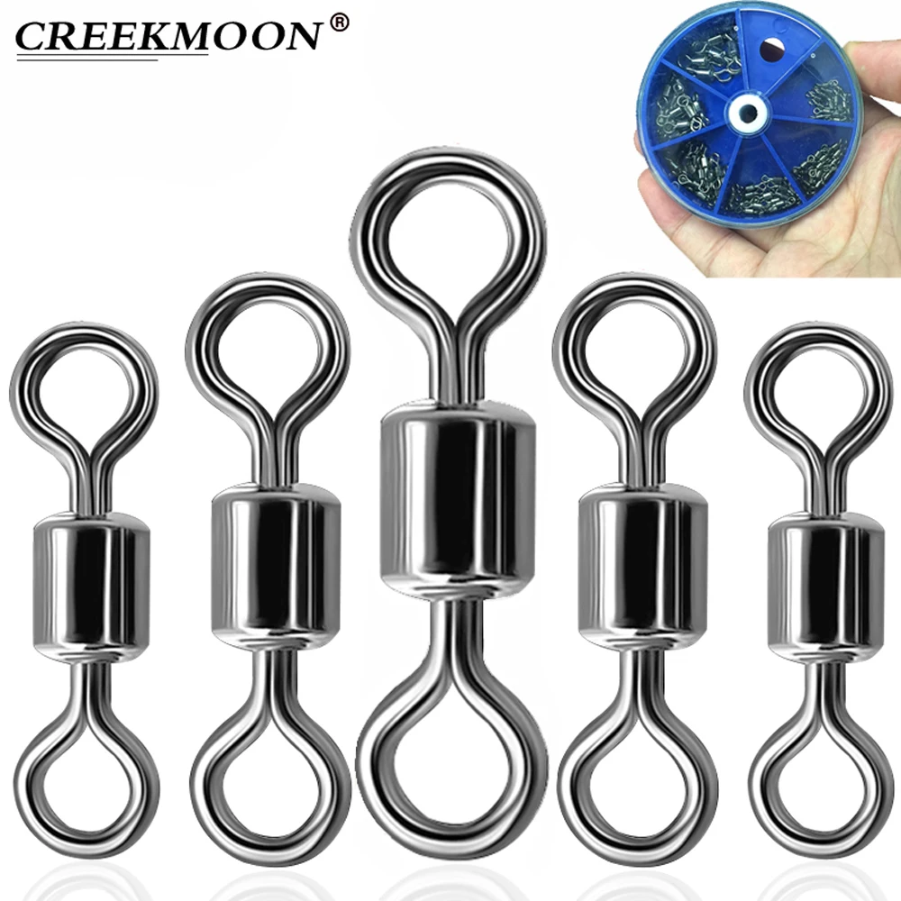 

75PCS/box Fishing Barrel Bearing Rolling Swivel Solid Ring Swivel Connector Snap Swivels Stainless Steel Beads Lures 6 Sizes Set