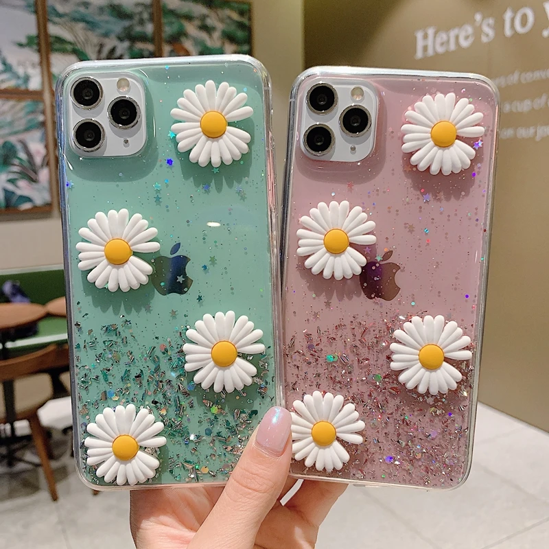 Чехол для телефона с 3D цветами и блестками iPhone 11 Pro 7 8 6 6S Plus X XR XS Max SE 2020 прозрачный