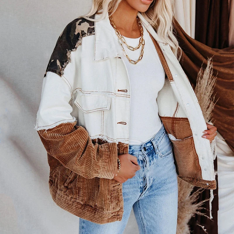 

Turn-dowm Lapel Vintage Camouflage Corduroy Stitching Jacket Patchwork Denim Cowgirl Jackets Women Metal Single Breasted Coats