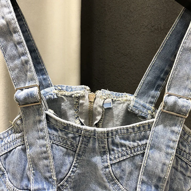 

CHICEVER Sexy Solid Denim Vest For Women Square Collar Sleeveless Patchwork Zipper Slim Tank Top Females Summer Fashion 2021 New