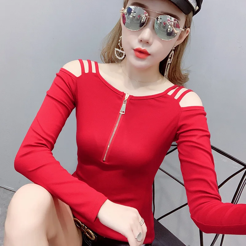 Женские футболки на молнии с открытыми плечами весенне-осенние модные топы
