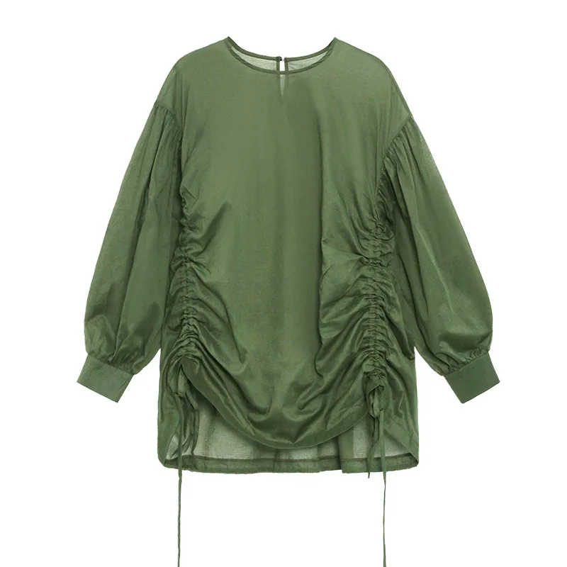 

Slightly See-through Thin T-shirt Women's Summer New Long Sleeve Sun-Protection Overshirt French Drawstring Design Loose Shirt