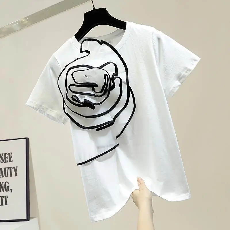 

2022 Summer New Three-Dimensional Large Flowers Decoration Short Sleeve T-shirt Female Fashion Tops Floral T Shirt Ladies Tops